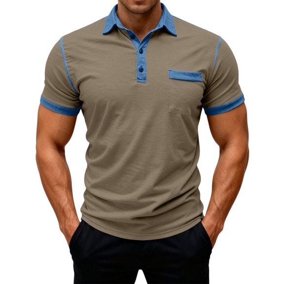 Lumtrix Men Short Sleeve Polo Shirt Casual Summer Collar Shirts Dress Button Tops Classic Golf Tees Khaki M