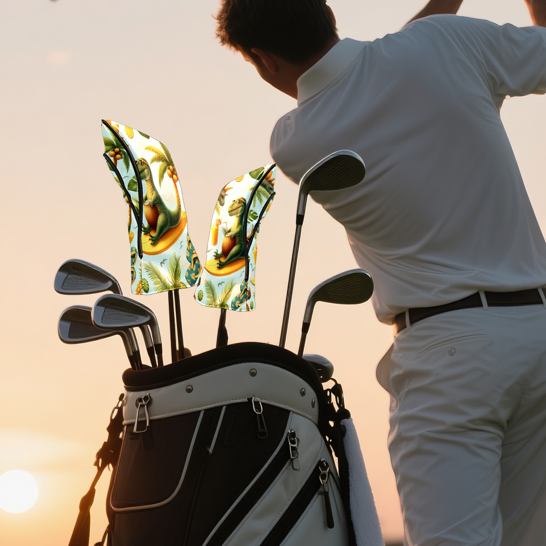 Golf Club Covers, Green Dino Tropical Premium PU Leather Driver Hybrid Putter Head Covers with Velvet Lining, Waterproof Golf Gifts for Men Women