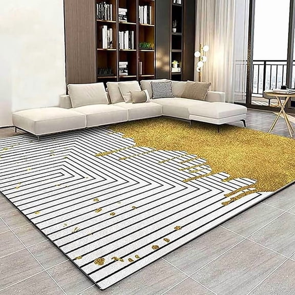 Luxury Gold Area Rug, Simple Lines Non Slip Living Room Rug, Stain Resistant Durable Carpet for Indoor Bedroom Office Decor Mat 5 x 8ft