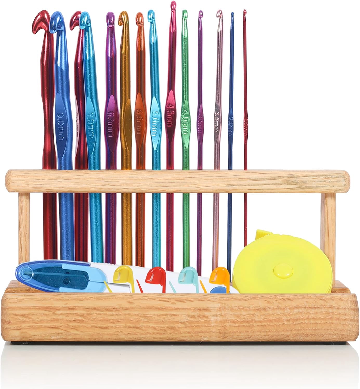 RGHJAR-14-Piece Ergonomic Crochet Hook Set with Wooden Holder - Complete Crochet Needle Kit for Crafting Enthusiasts, Includes Essential Crochet Accessories