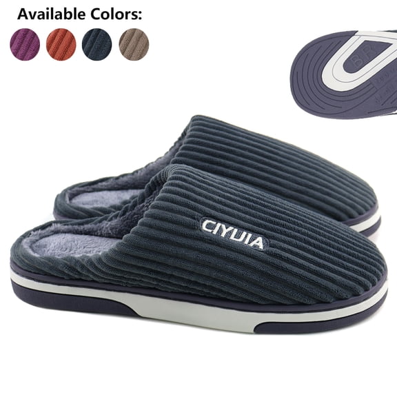 Fuzzy Slippers for Women Men Memory Foam Winter House Shoes, Tekcoo Slip-On Indoor Comfy Men's Slippers with Non-Slip Sole (Navy, Size 9-10)