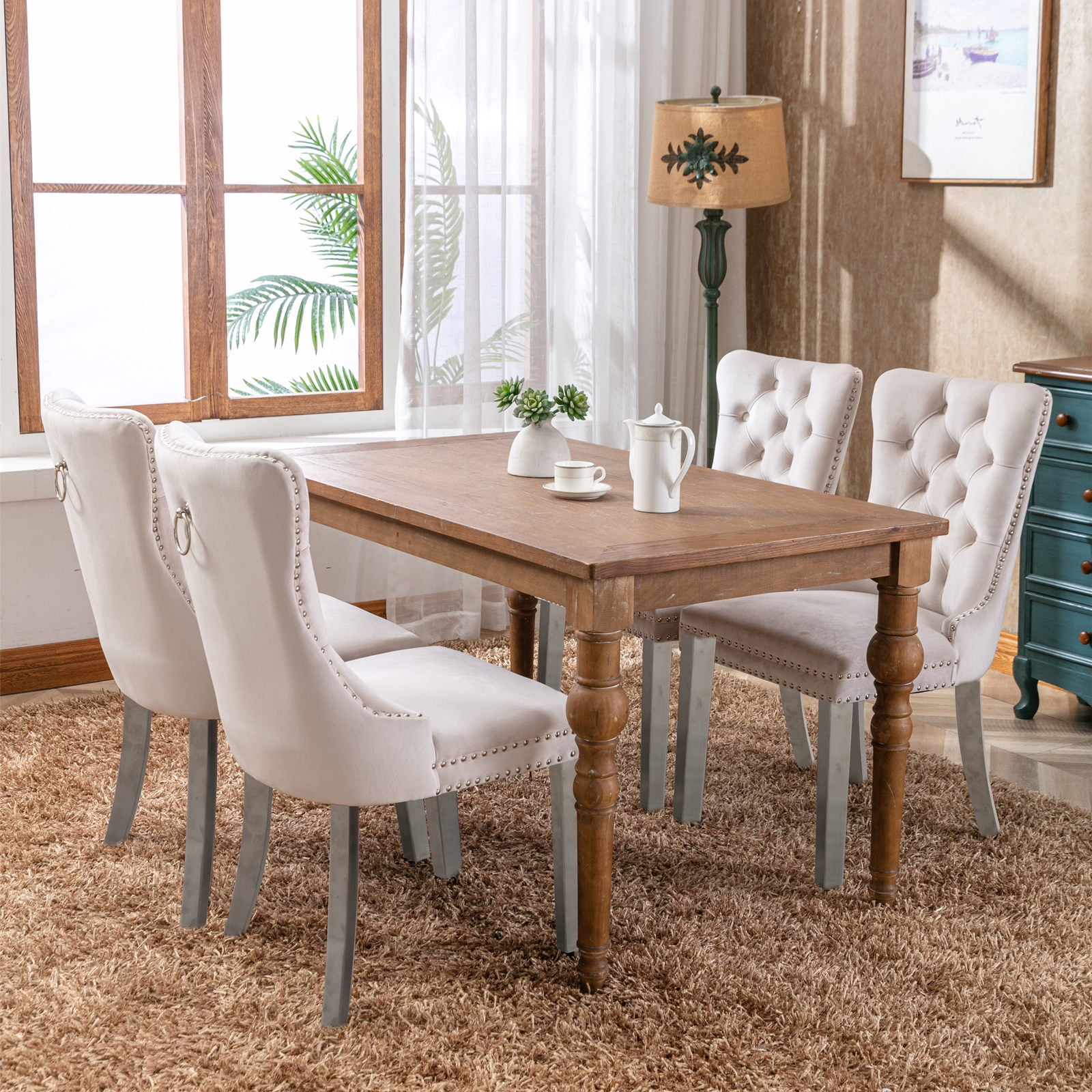 Rhomtree Velvet Button Tufted Dining Side Chairs, Beige (Set of 4)