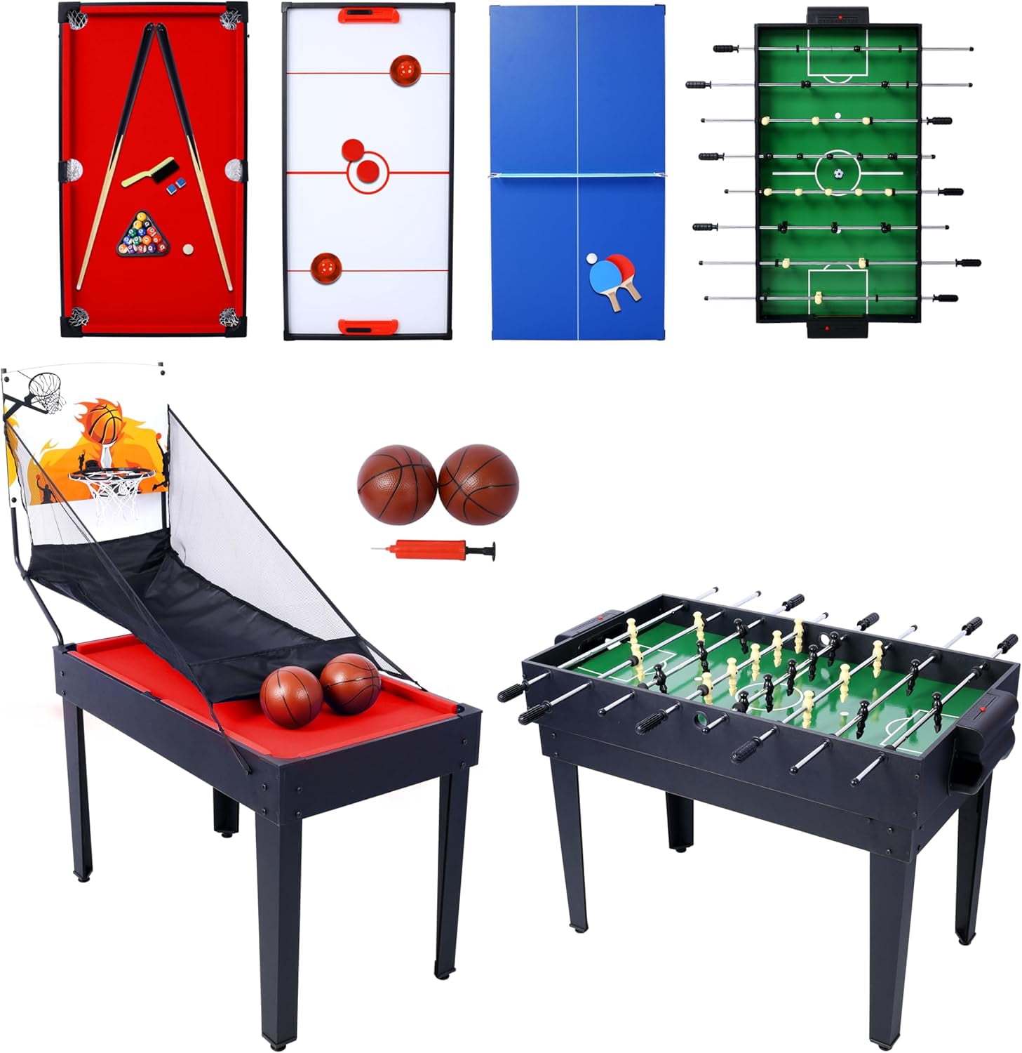 43“ Upgrade 5-in-1 Multi-Game Table - Billiards, Push Hockey, Foosball, Ping Pong, and Basketball black/red
