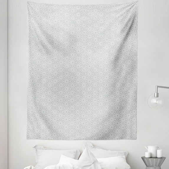 Grey Boho Tapestry, Minimal Ethnic Oriental Mesh Geometric Flowers Retro Style Repetition Grid Print, Fabric Wall Hanging Decor for Bedroom Living Room Dorm, 5 Sizes, White, by Ambesonne