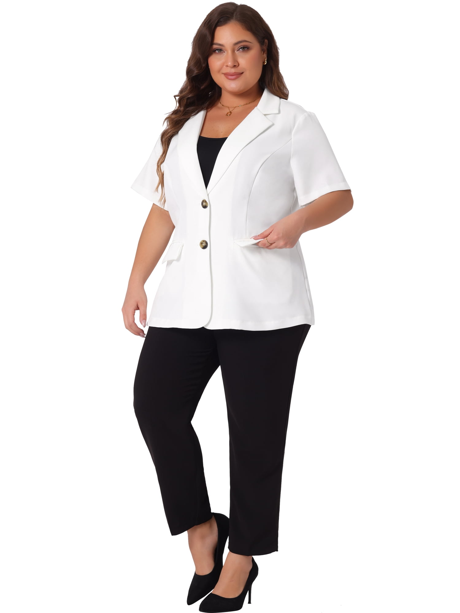 DARING DIVA Women's Plus Casual Blazers Short Sleeve Notched Lapel Blazer 2X White