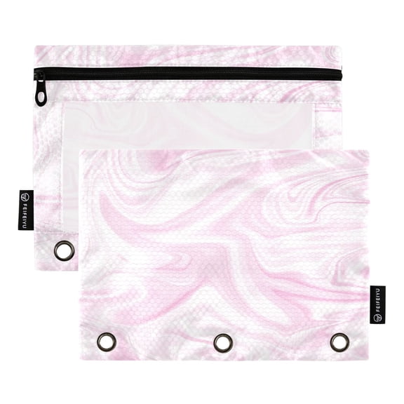 2 Pack 3 Ring Binder Pouch with Clear PVC Window Water Resistant Zipper Pencil Pouch Soft Blush Liquid Marble Tone Binder Pocket for Classroom Office Home Stationery Organization