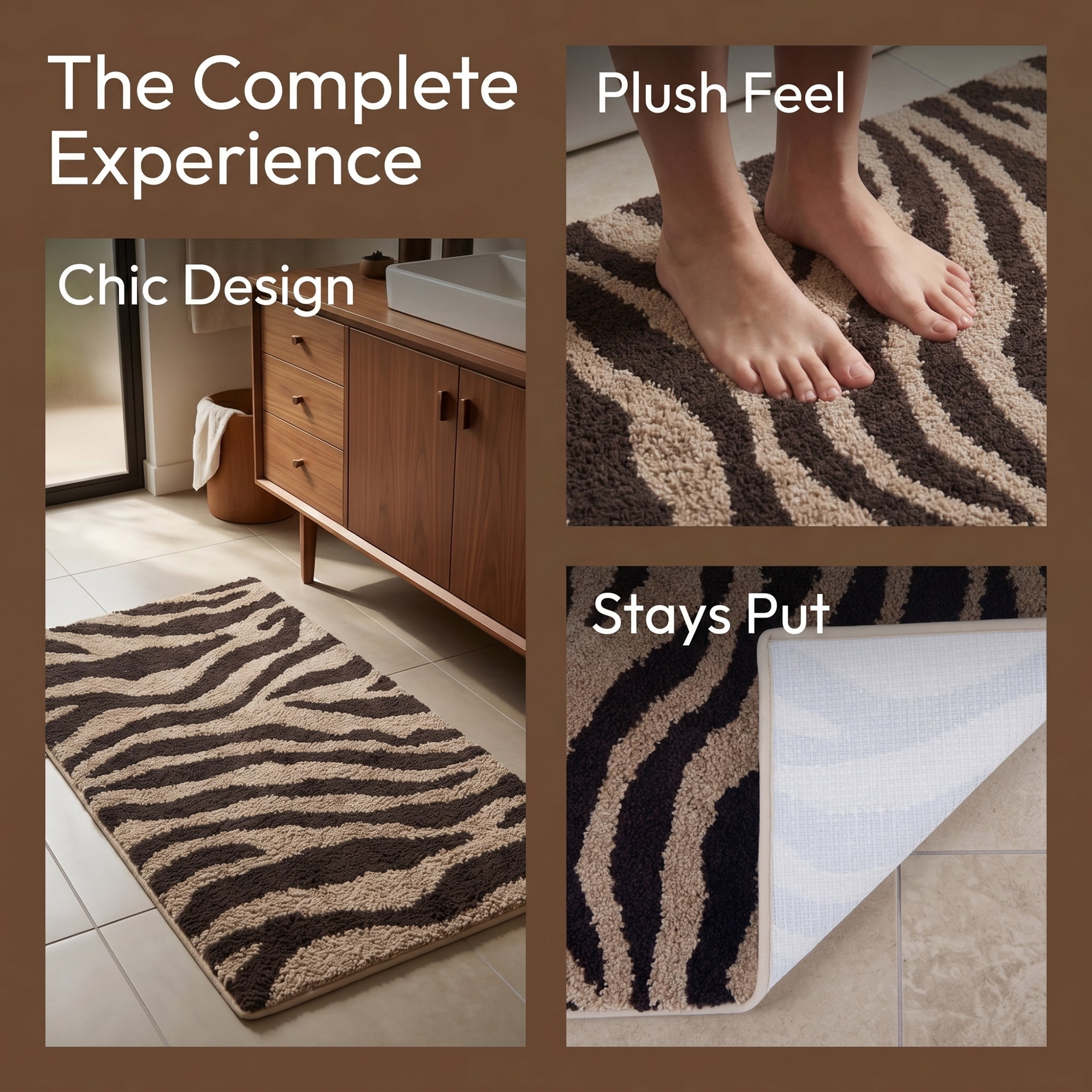 Unique Bargains Zebra Print Absorbent Non Slip Machine Washable Bath Mat Brown 32" x 20"