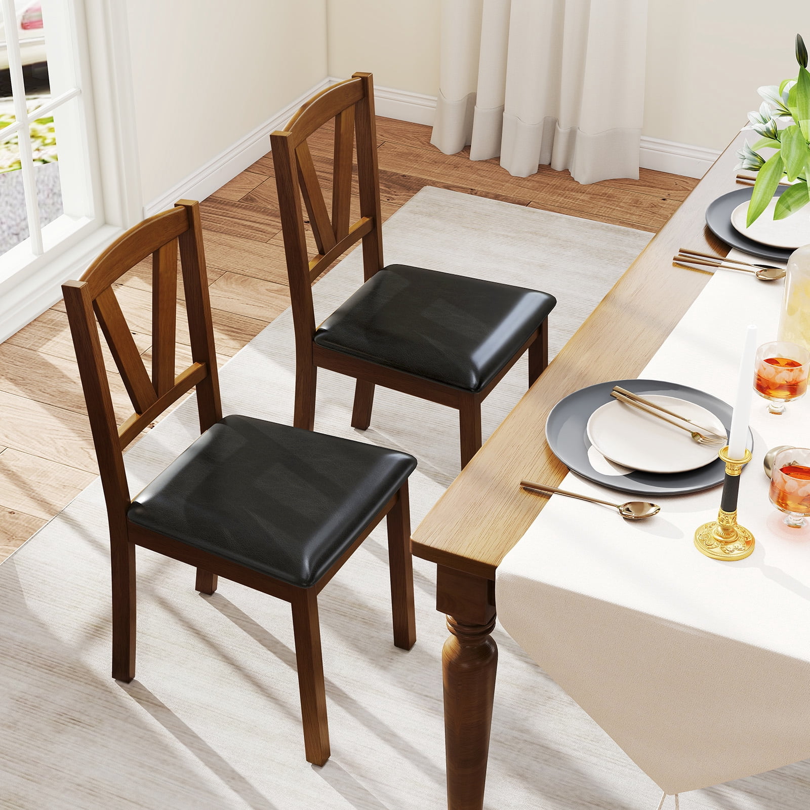 Costway Dining Chairs Set of 4 PU Leather Dining Room Chairs with Hollowed Backrests