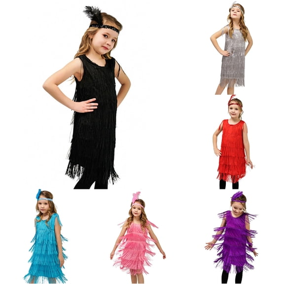 Girls Flapper Dress Sequins Fringe Latin Dance Dress Tassel Tango Dress Ballroom Costume With Feather Headband