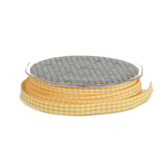 The Ribbon People Sunshine Yellow and White Checkered Woven Edge Craft Ribbon 0.37" x 74 Yards