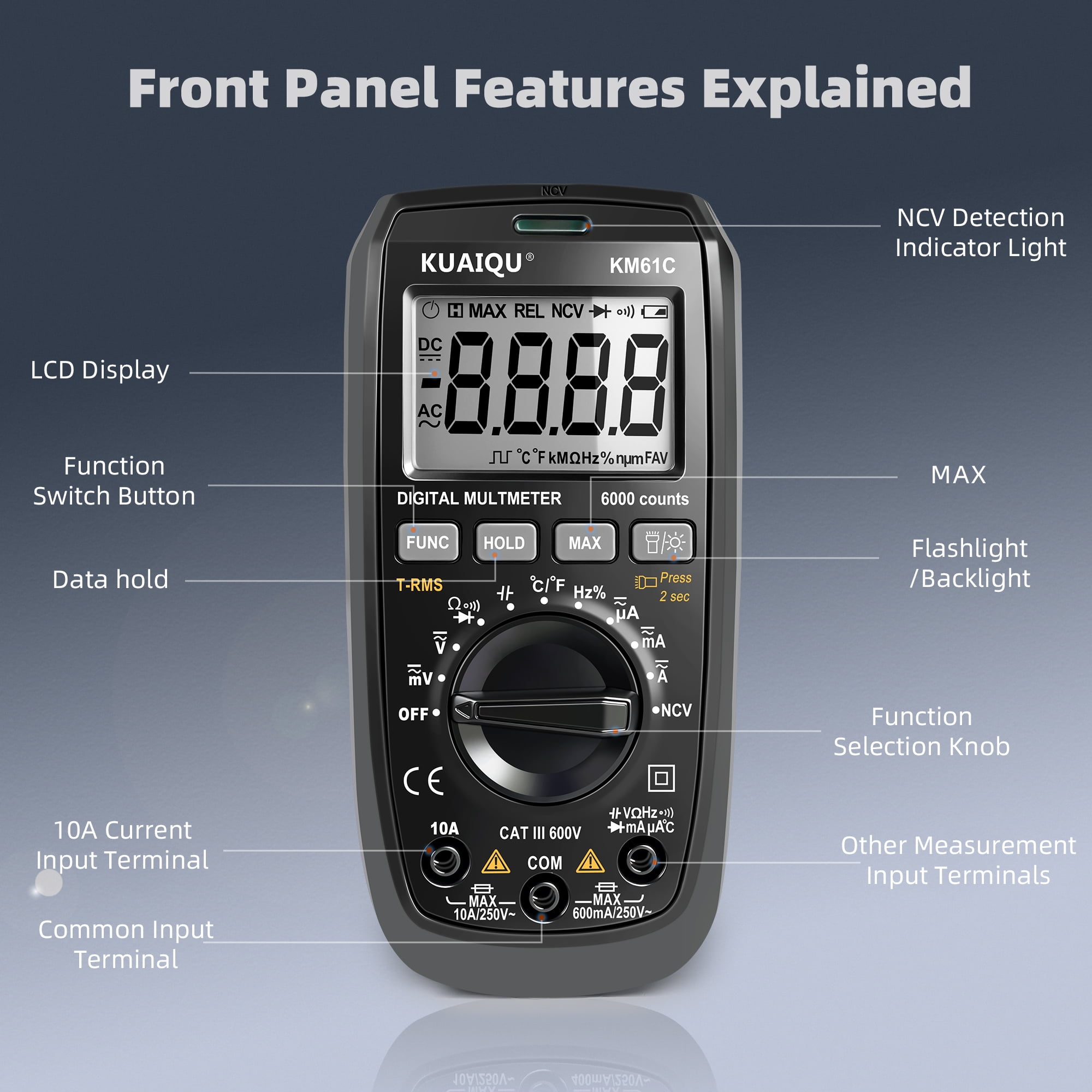 KUAIQU Digital Multimeter TRMS 600V AC/DC Voltage Tester 6000 Counts NCV Ohmmeter Measures Resistance Capacitance Frequency Temperature Diodes Suitable for Electronics HVAC Multimeter KM61C