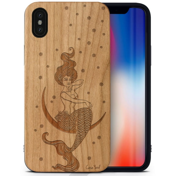 Case Yard Wooden Case Outside Soft TPU Silicone, Slim Fit Shockproof Wood Protective Phone Cover for Girls Boys Men and Women, Supports Wireless Charging Mermaid on the Moon Design case for iPhone-X