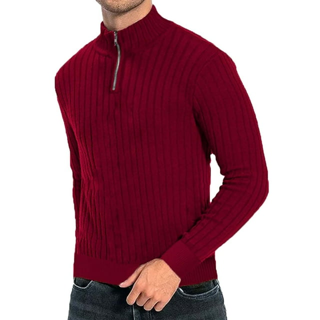 Xysaqa Mens Quarter Zip Up Sweater Lightweight Slim Fitted Knit Pullover Sweaters Long Sleeve Mock Neck Sweater Wine