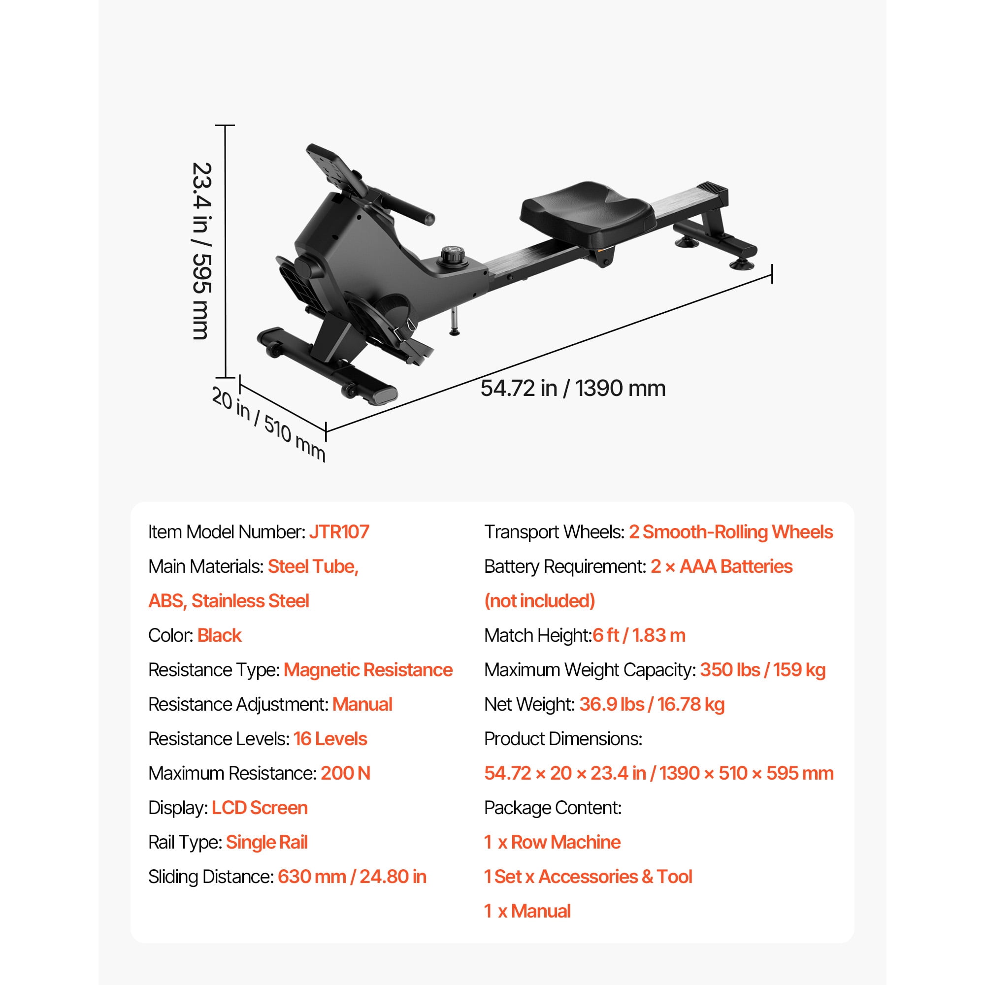 KFFKFF Magnetic Rowing Machine with 16 Adjustable Resistance Levels, Foldable Design for Home Use, 350 lbs Capacity, Smooth Pulley System, Bluetooth App Integration, and LCD Display
