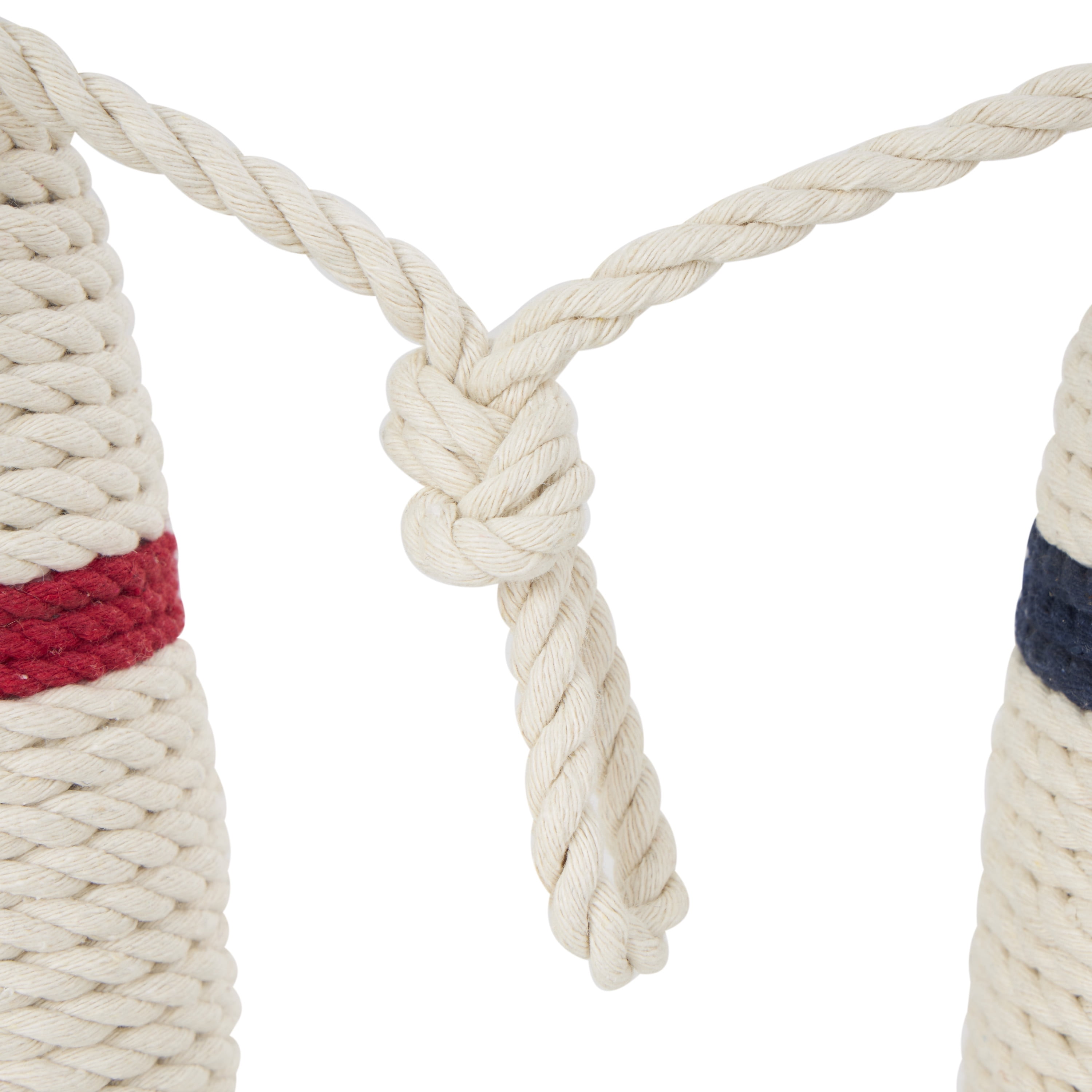 7"W, 10"H White Wood Handmade Coiled Striped Rope Buoy Sculpture with Joined Hanging Handle, by DecMode (2 Count)