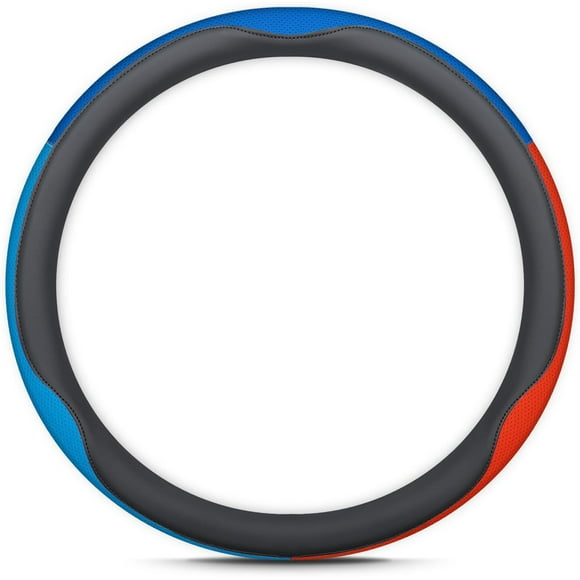 TRAHOO-Car Steering Wheel Cover - Three-Color Patchwork Design, Leather, 14.5-15 Inch - Perfect for Long Drives, Daily Commutes, Sedan, SUV, and Truck Drivers (O Shape-Blue-Blue-Red)