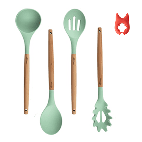 Ziaan - 5 pc Silicone Set Wood Soup Laddle Spoon/Scoop Claw Colander in Green for Cooking with Handle Clip