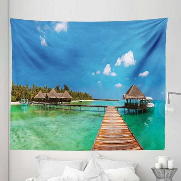 Beach Pathway Tapestry, Maldives Island with a Long Jetty and a Yacht Relaxing Summer Vacation Theme, Fabric Wall Hanging Decor for Bedroom Living Room Dorm, 5 Sizes, Multicolor, by Ambesonne