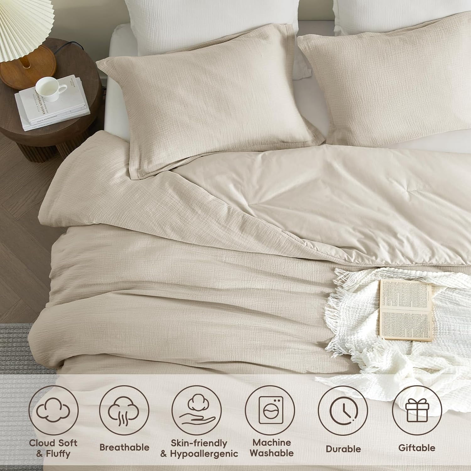 PHF Cotton Muslin Comforter Set Queen Size, Ultra Soft Breathable & Lightweight Bedding Set for All Seasons, 1 Comfy Comforter 90"x90", 2 Pillow Shams 20"x26", Natural