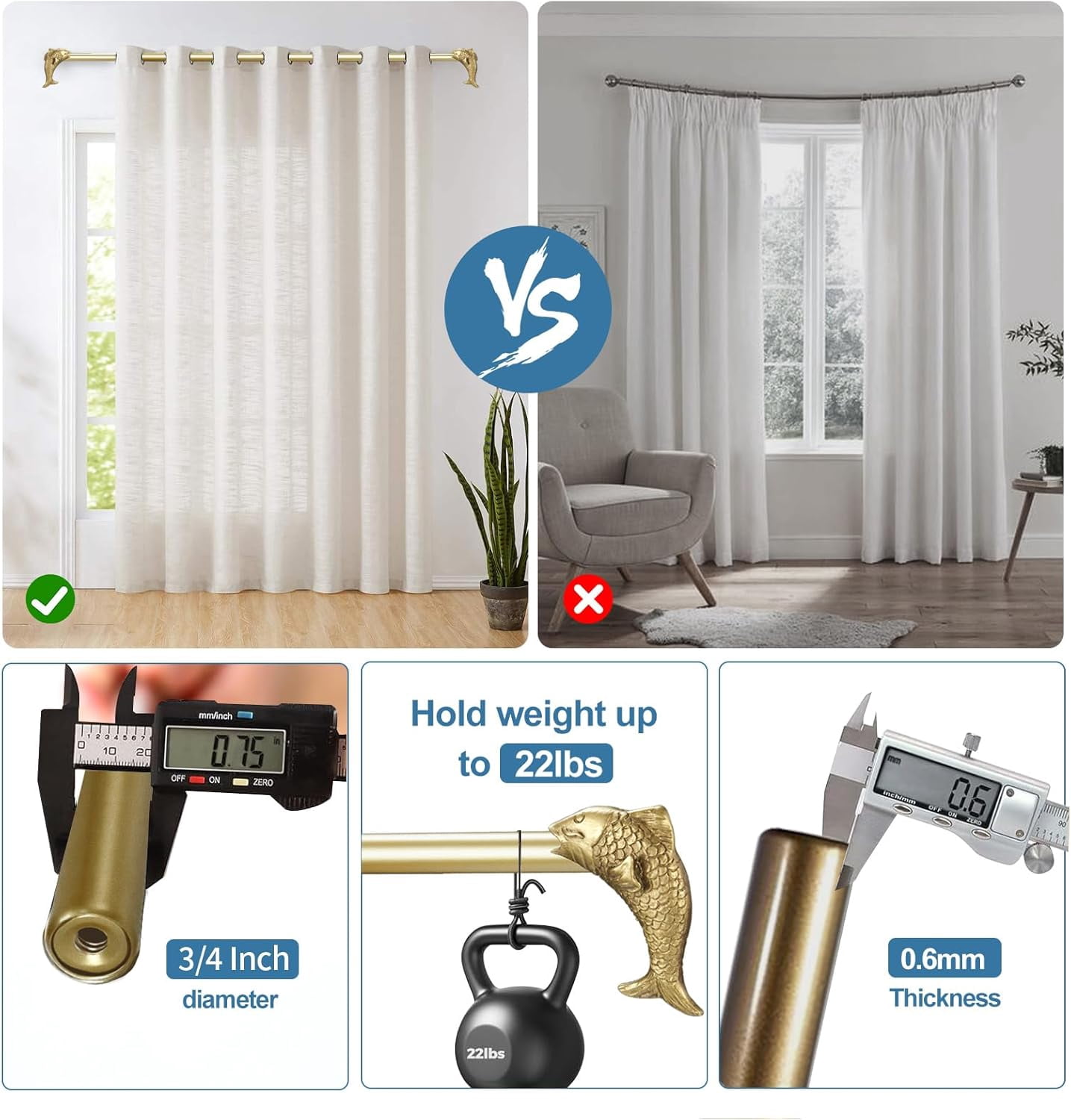 Urbanest Adjustable Single Curtain Rod Set Fish Finials – 3/4 - Inch Diameter, With Renaissance Gold Rod, 48–84 Inches