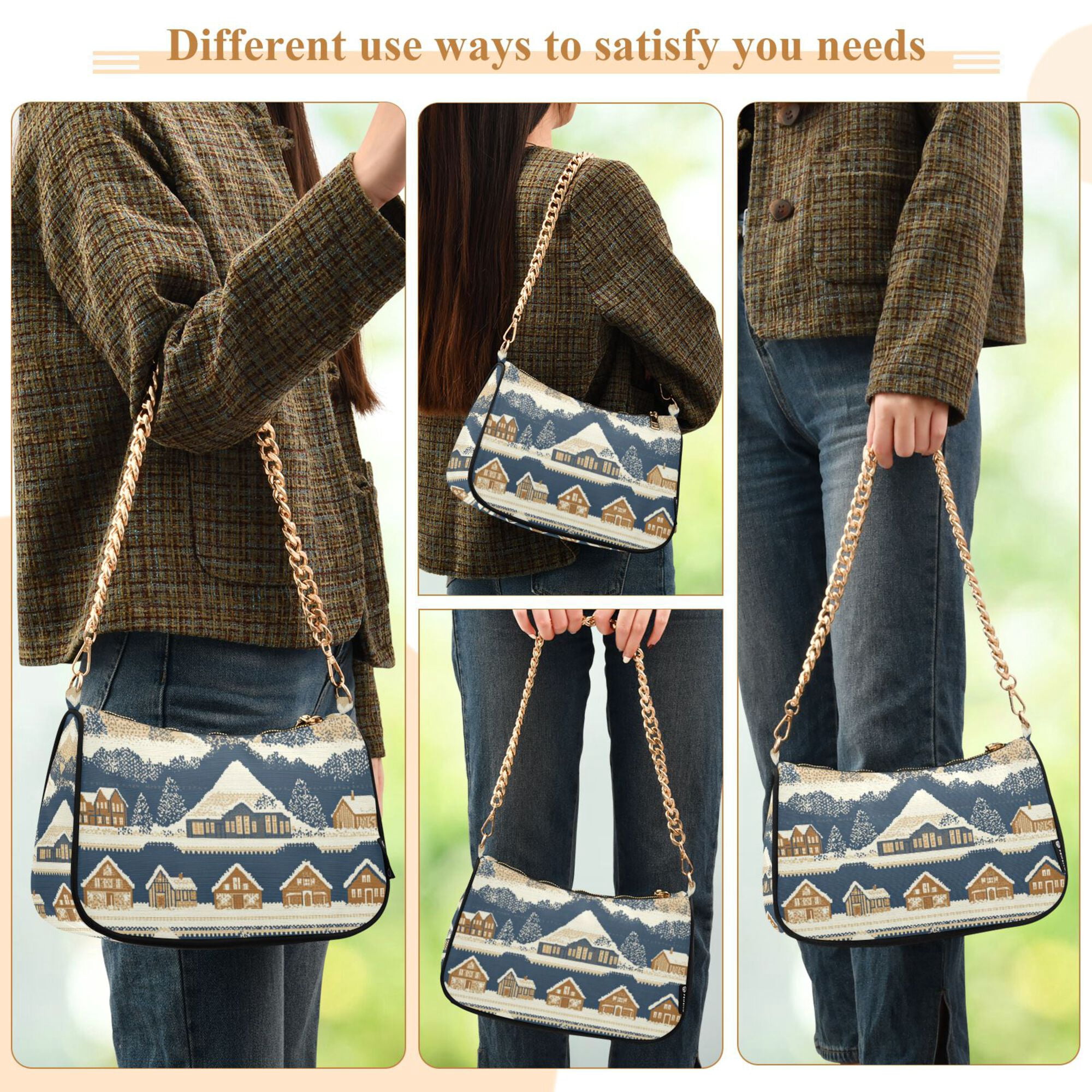 FORMRS Womens Shoulder Bag with Chain Strap Clutch Purse Cute Tote Handbag, Winter Village