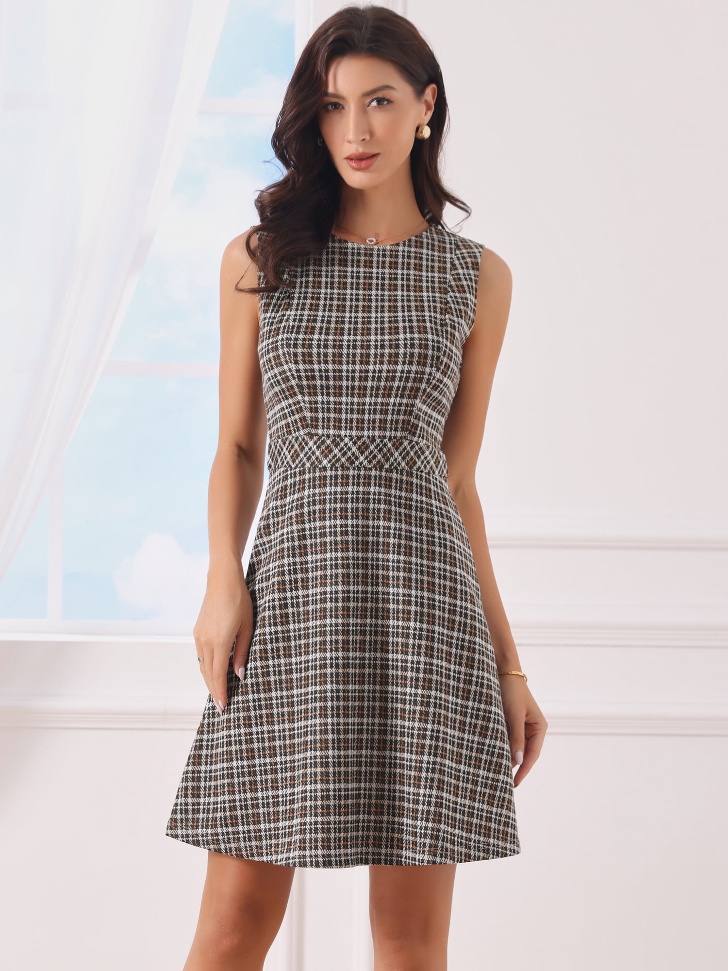 DARING DIVA Women's Plaid Dress Sleeveless A Line Houndstooth Work Dress XL Coffee