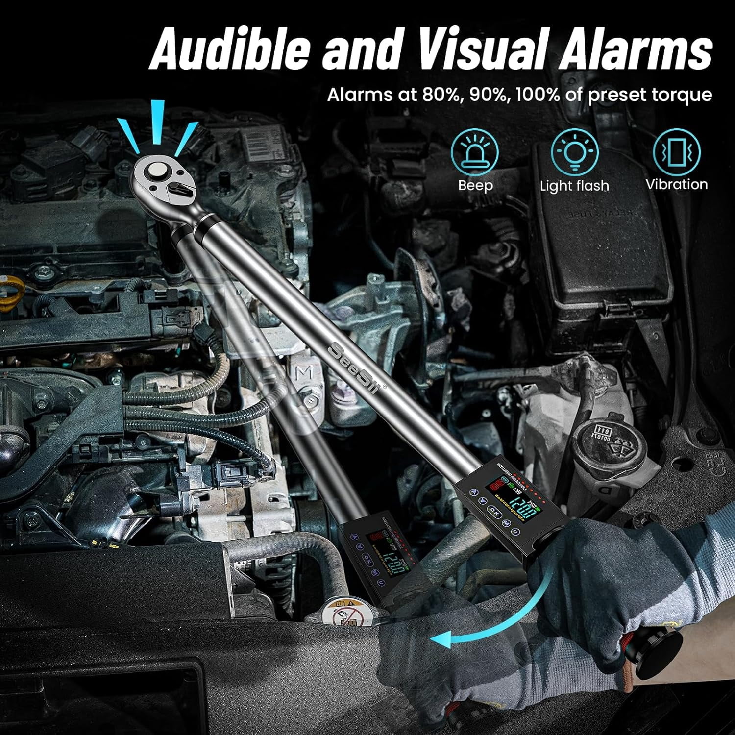 Seesii Digital Torque Wrench 1/2" Drive(12.5-250.8ft-lbs/17-340N.m), 2% Torque Accuracy Electric Torque Wrench with Buzzer LED Flash for Car Care Auto, Vehicle