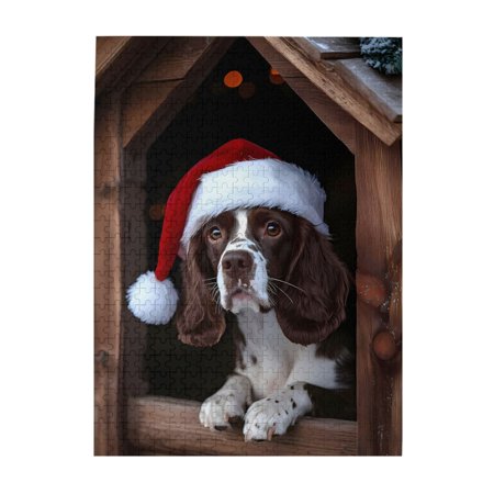 500-Piece Wooden Jigsaw Puzzle for Adults & Families - Dog Santa Hat House Christmas Fun & Educational Brain-Teasing Game Artistic Home Decor