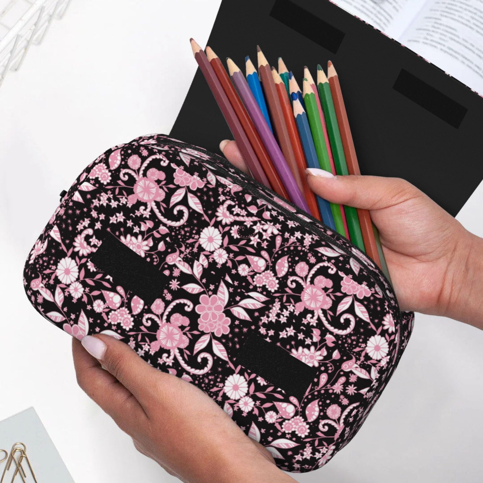 Rateoe Daisies Flowers Pattern Double Clamshell Pen Case, Storage Organizer with Two Zipper Compartments– Holds Up to 50 Pencils & Pens