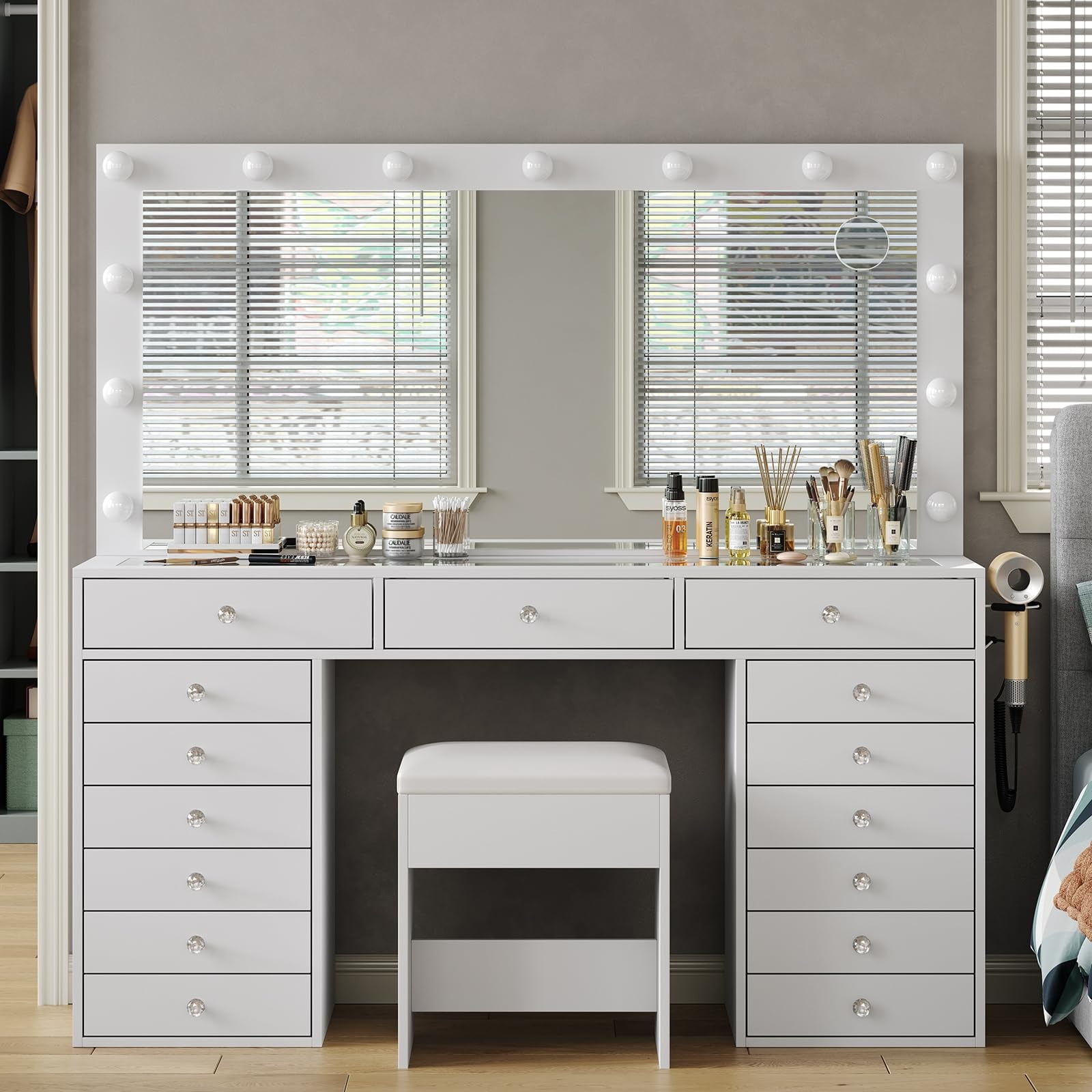 Yanosaku, Vanity Desk, with LED Lighting, Mirror, and Storage