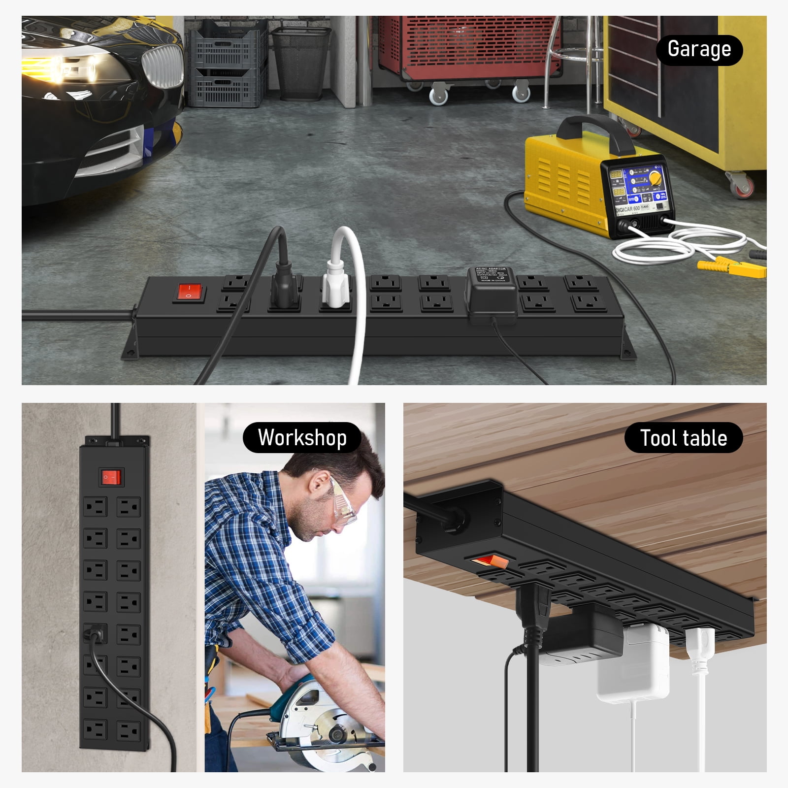 VILONG Heavy-duty 16-outlet surge-protected power strip, 1200J/1875W, wall-mounted power strip with a 6-foot power cord, suitable for garage workbenches, office desks, gaming PCs, and computers