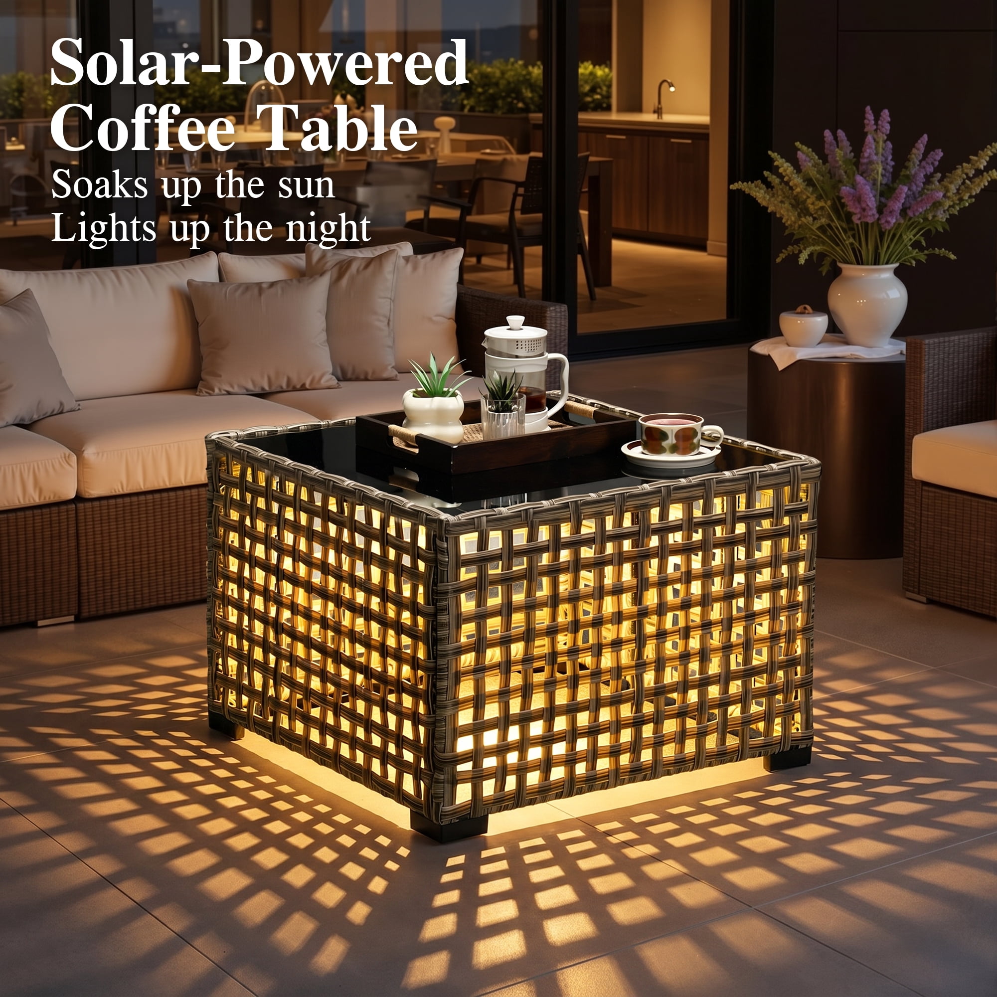 Ovios Solar Light Coffee Table for Outdoor Patio Furniture Set