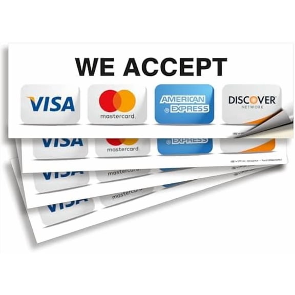 Credit Card Sticker Signs Stickers - 4 Pack 9-x 3- Inch - We Accept Visa, MasterCard, Amex & Discover, Premium Self-Adhesive Vinyl, Laminated, UV, Weather, Scratch, Water and Fade Resistance