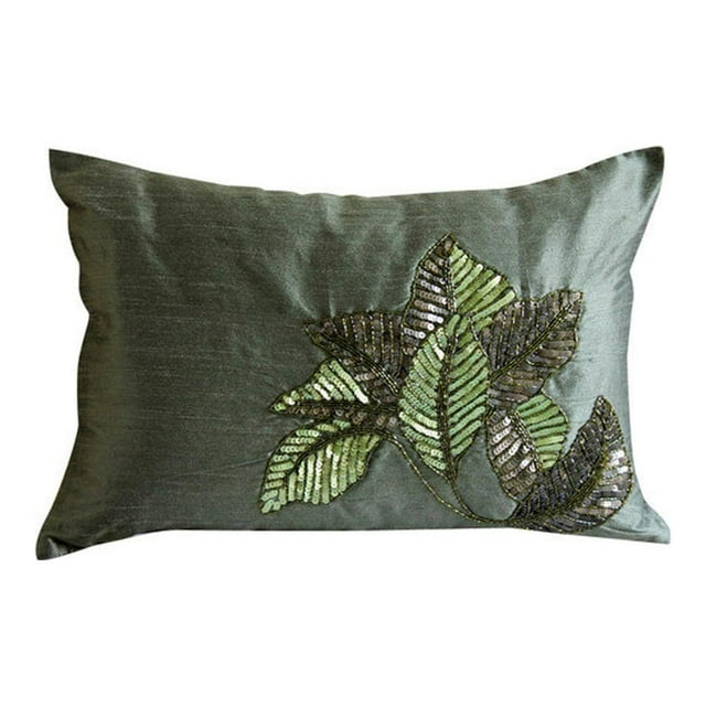 The HomeCentric Decorative Pillow Covers, Decorative Pillow Covers 12x18 inch (30x45 cm) Green, Silk Rectangular Pillow Covers, Handmade Pillow Covers - All About Leaves