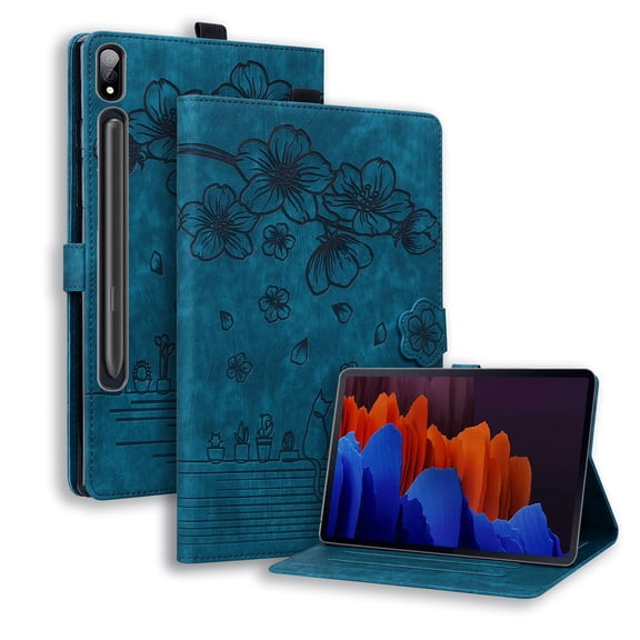 FJLBDE Case for Samsung Galaxy Tab S11 Ultra 14.6 inch 2025 with Stand, Card Slot, Embossed Flower PU Leather Folio Magnetic Cover with Pen Holder, Blue