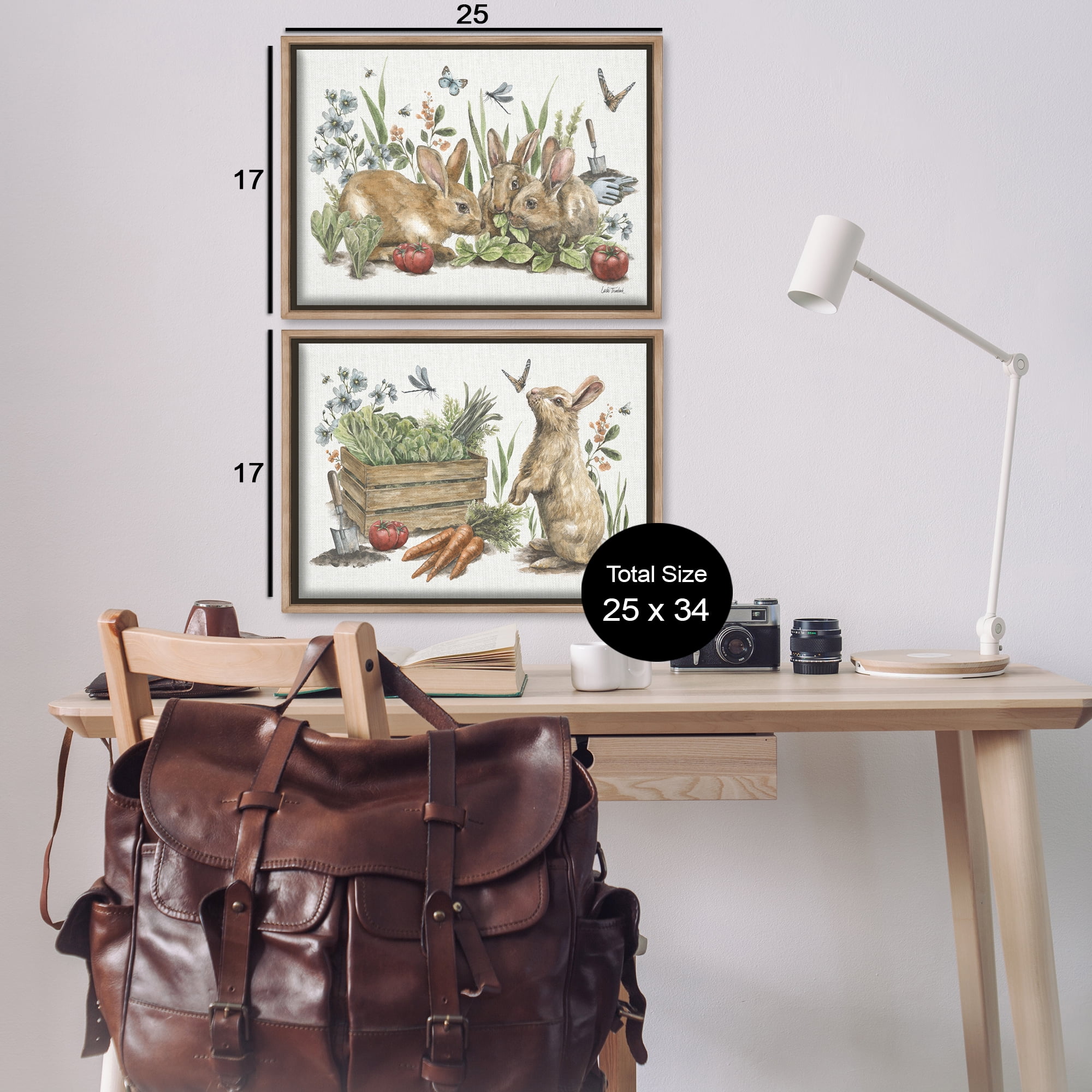 Stupell Industries Rabbit Vegetable Garden Party Animals Painting Brown Floater Framed Canvas Art Print Wall Art, 25 x 17, Set of 2