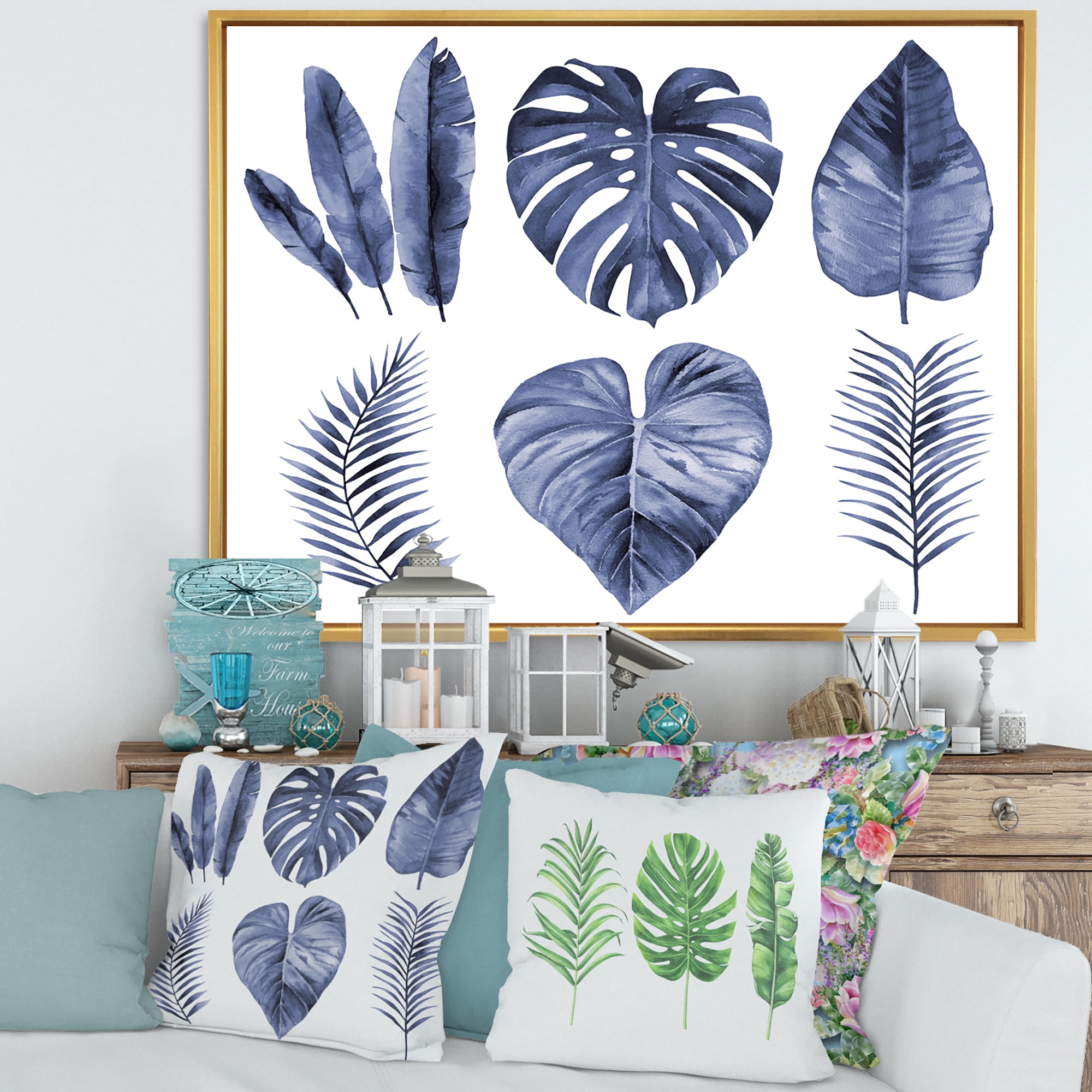 Designart 'Blue Watercolour Tropical Leaves I' Farmhouse Framed Canvas Wall Art Print