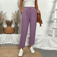 thumbnail image 6 of Linen Pants Spring Women Elastic Waist Drawstring Ankle Length Straight Leg Cropped Pants High Waisted Comfy Beach Trousers Light Purple L, 6 of 6