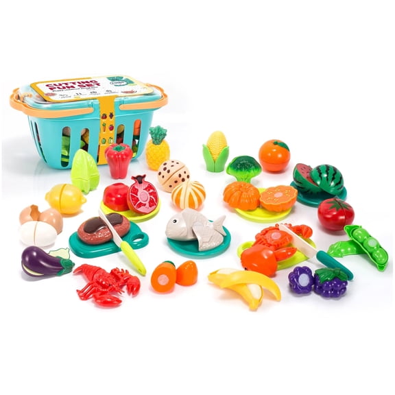 Mundo Toys Cutting Food Play Set with Basket, 32-Piece Pretend Play Food Set