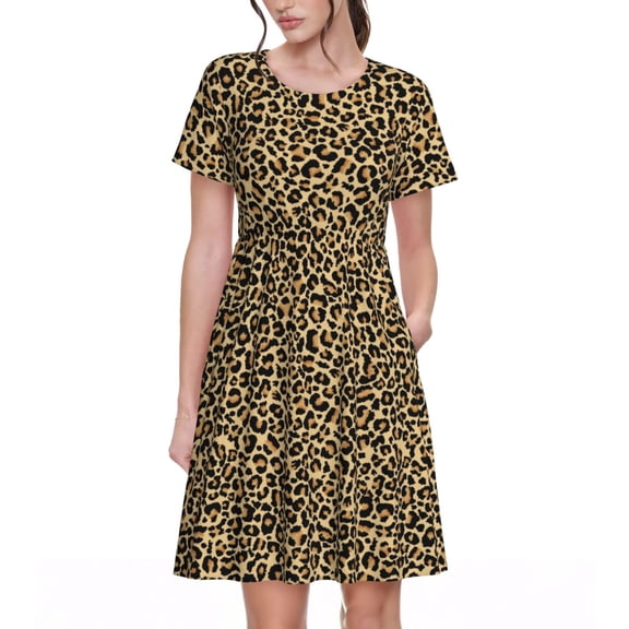 Defioc Leopard Print Pattern Womens Summer Dresses Short Sleeve Sundress 2025 Beach Vacation Dresses with Pockets -Small