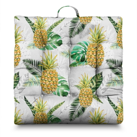 Pineapple Meditation Pillow – 22x22 Inch Large Floor Cushion, Soft Dutch Velvet Seat Pillow for Yoga, Tropical Home Decor, Hawaiian Summer Print (Yellow & Golden)