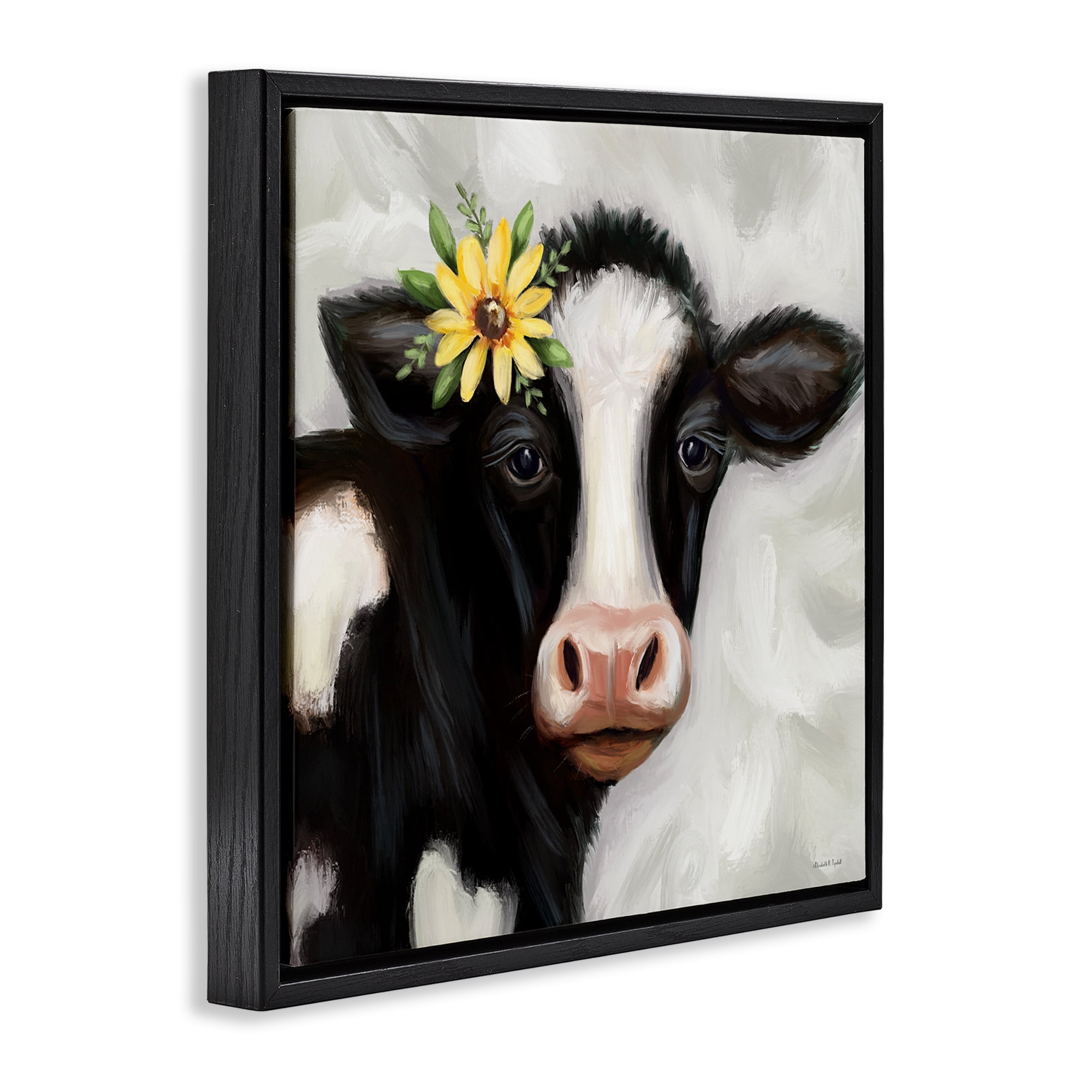 Stupell Industries Cow with Yellow Daisy Animals & Insects Painting Black Floater Framed Canvas Art Print Wall Art, 18 x 18