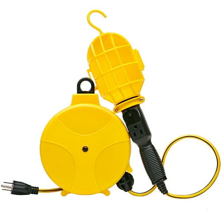 Designers Edge 16/3-Gauge 20' Plastic Retractable Cord Reel with Hand Held Incandescent Work Light, Yellow