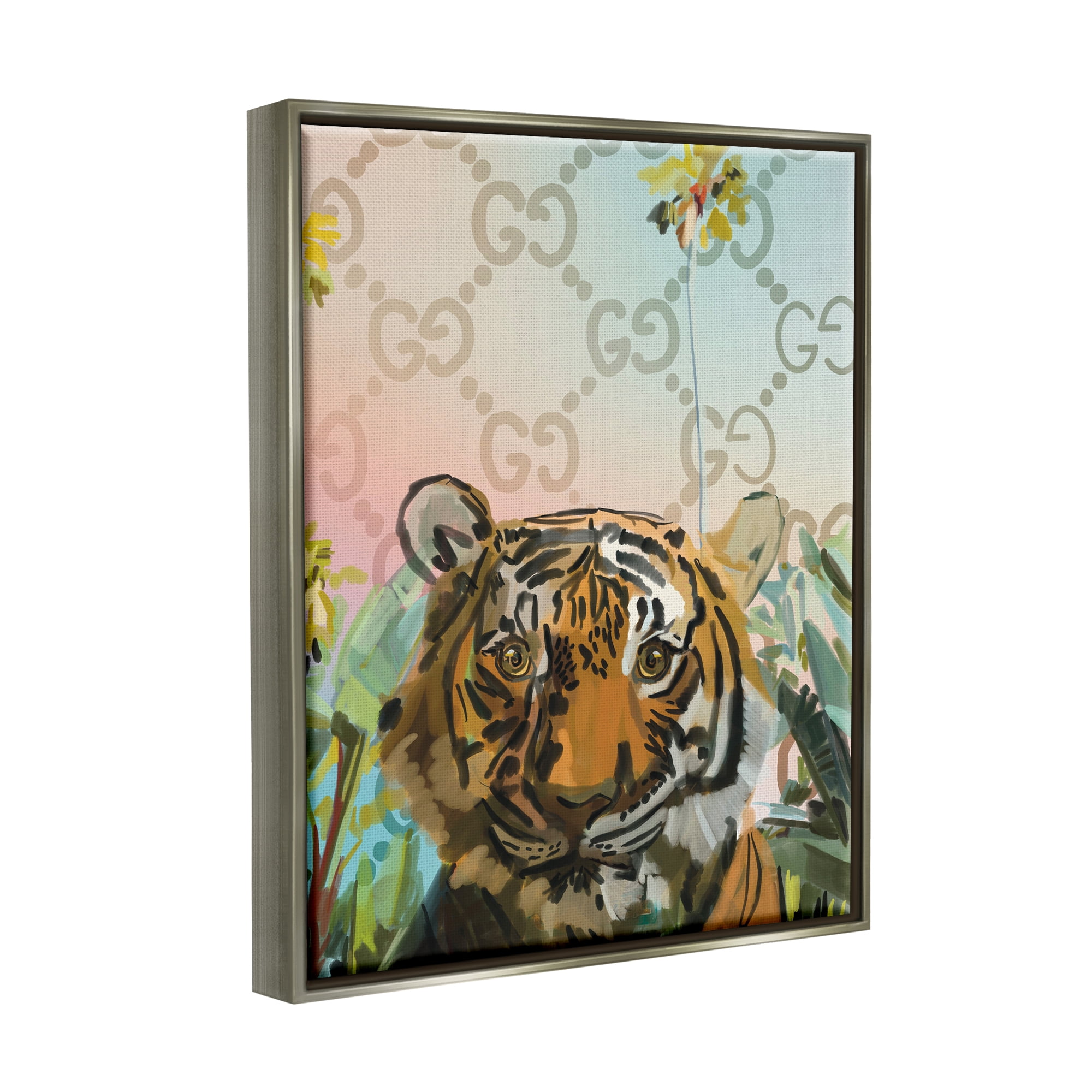 Stupell Industries Glam Pattern Tiger Animals & Insects Painting Gray Floater Framed Art Print Wall Art, 17 x 21