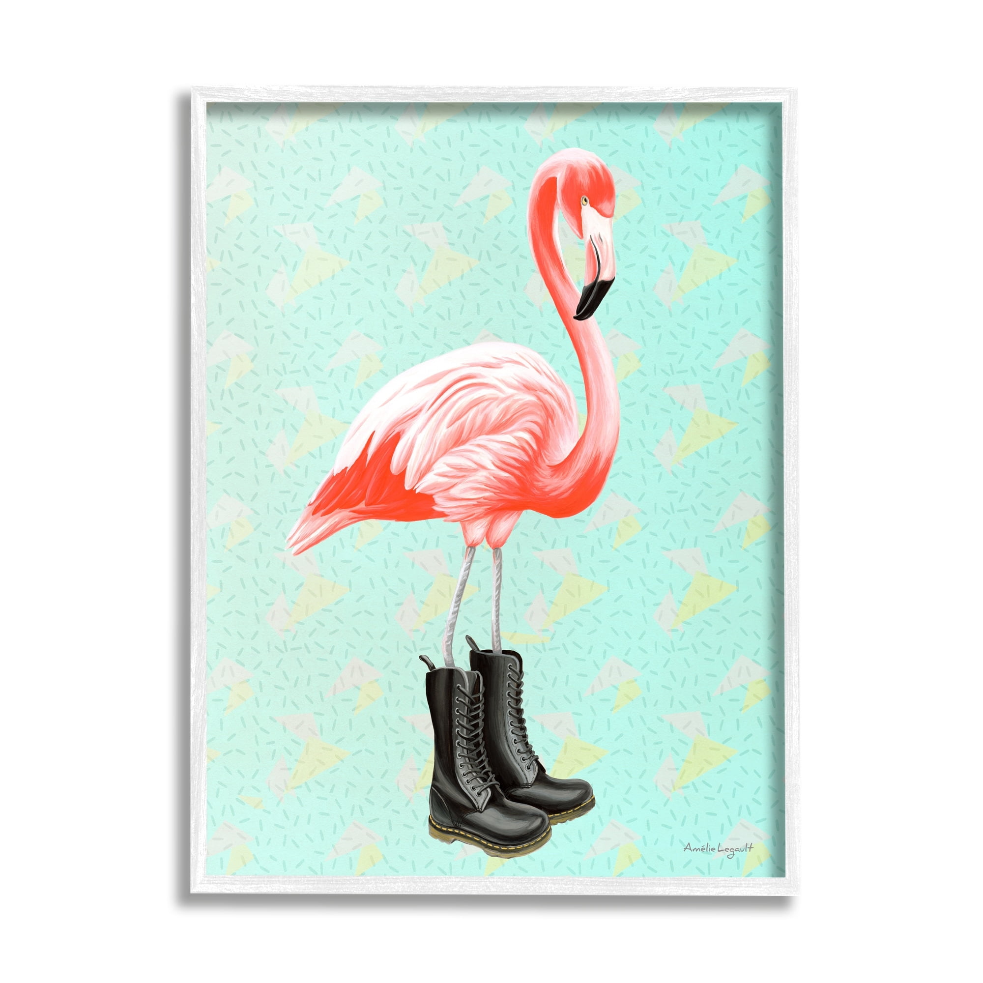 Stupell Industries Stylish Pink Flamingo Black Boots Geometric Pattern Graphic Art White Framed Art Print Wall Art, Design by Amelie Legault