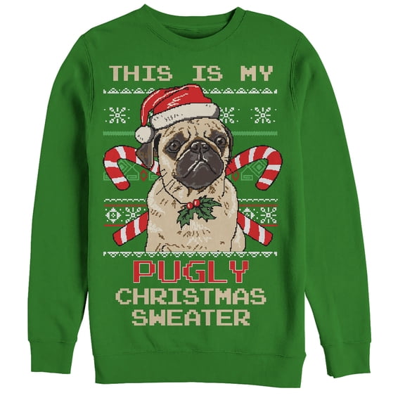 Men's Lost Gods Ugly Christmas Pug & Candy Canes Sweatshirt Kelly Green Medium