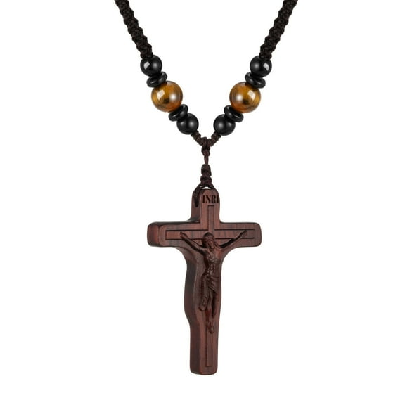 VNOX Handmade Wooden Crucifix Cross Necklace with Jesus - Natural Ebony Wood Braided Cord Cross Necklace for Men Women Religious Jewelry,Catholic Gift for Baptism Confirmation Easter