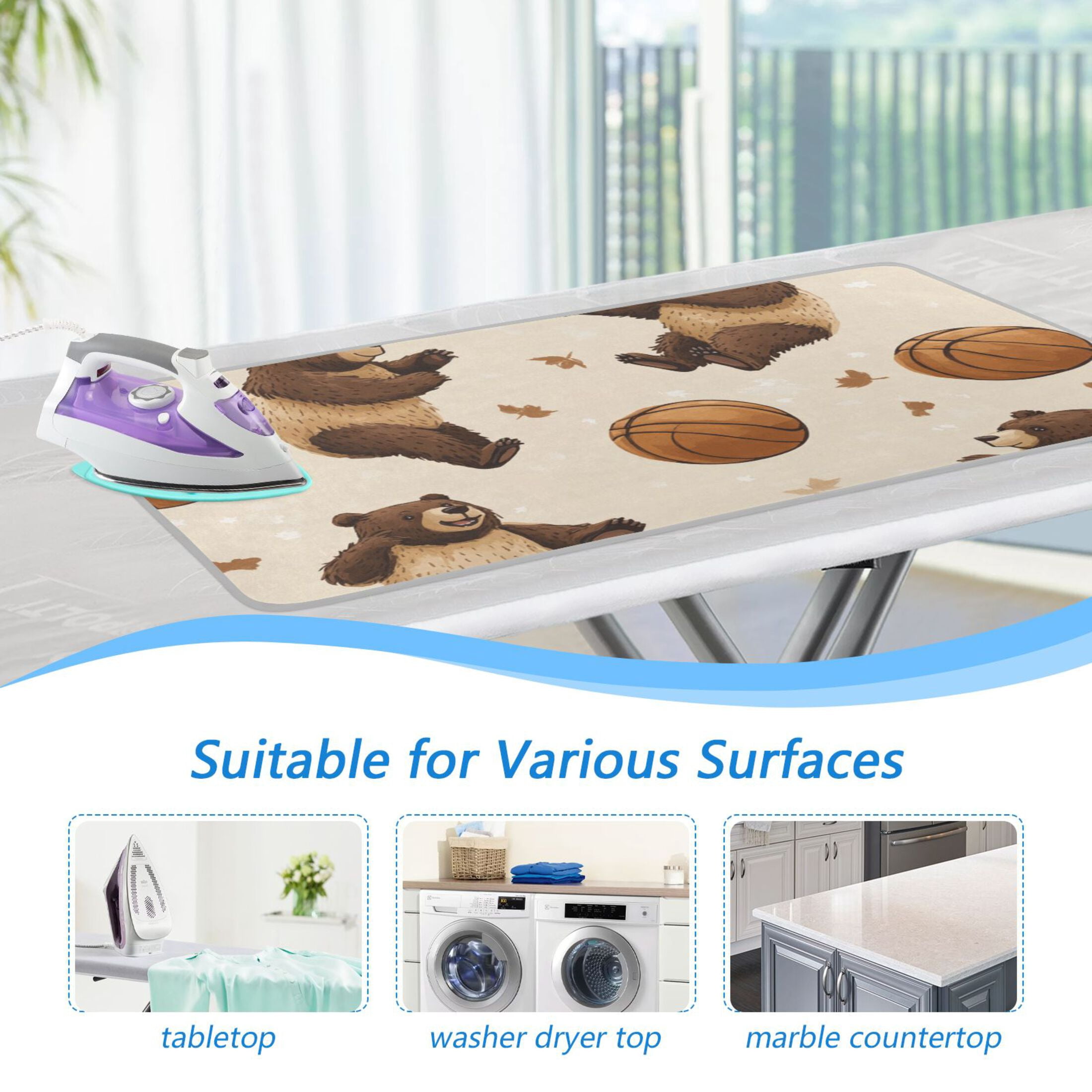 Brown Bears Play Basketball Leaves Ironing Mat Blanket Portable Travel Ironing Pad Heat Resistant Pad 47.2" x 27.6”