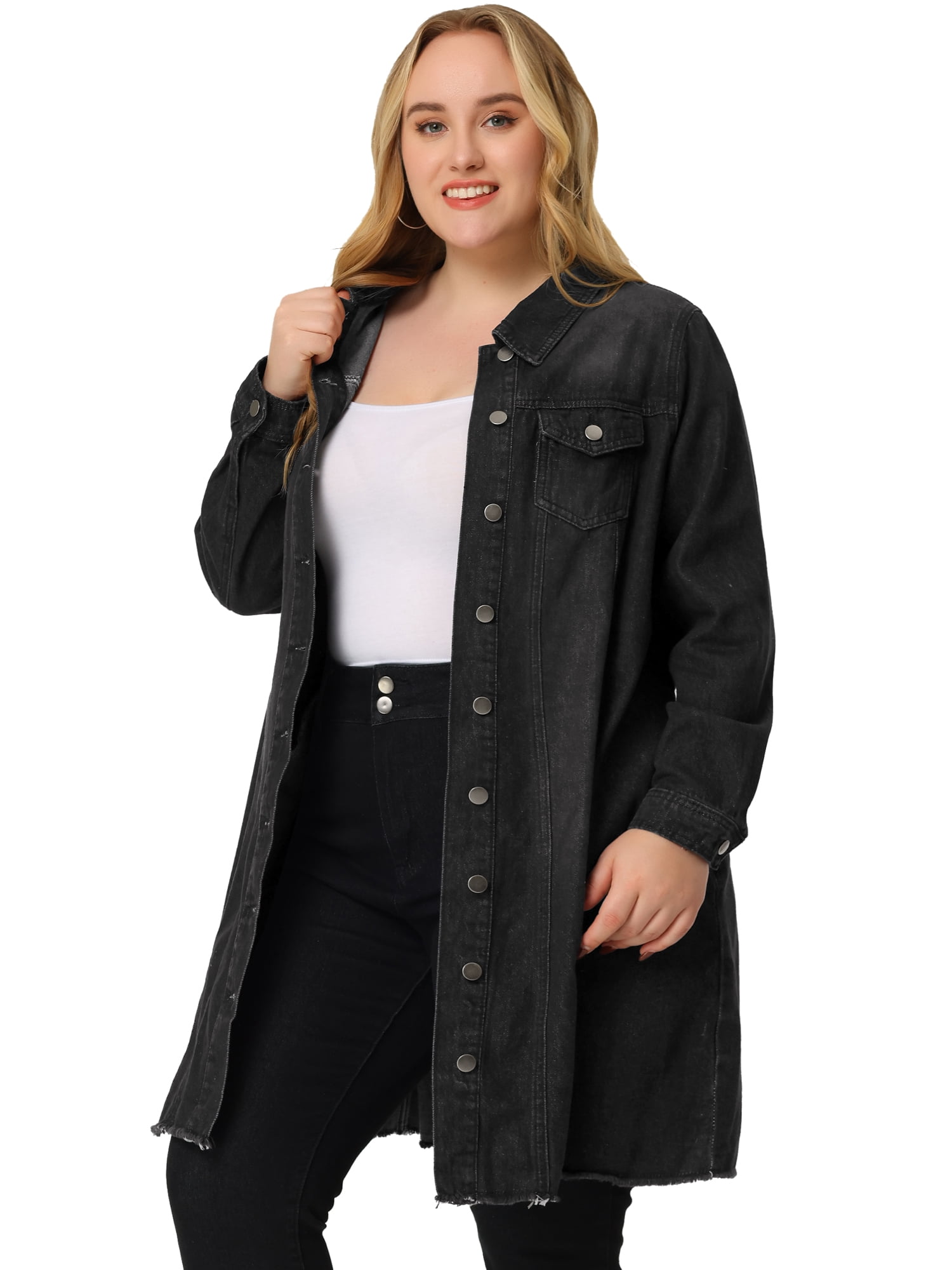 DARING DIVA Women's Plus Size Long Distressed Button Up Denim Jacket 6X Black
