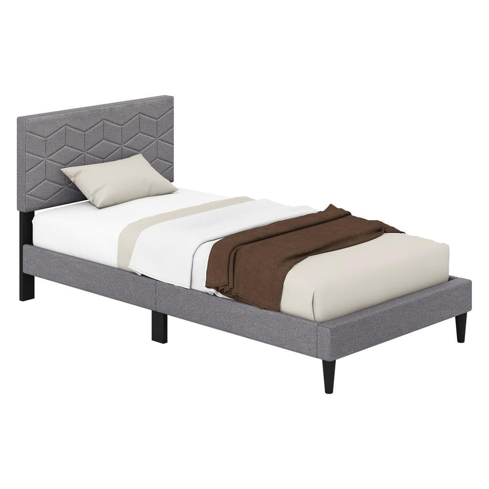 Barara King Twin Size Bedroom Bed Frame with Linen Fabric Upholstered Headboard, Bed Platform Frame for Apartment, Bedroom, Gray